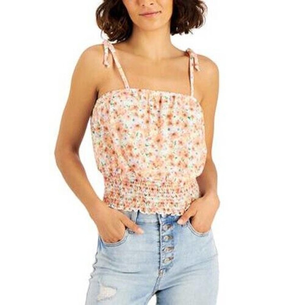 JR624 Crave Fame Yellow Floral Juniors' Printed Smocked Top Size XL